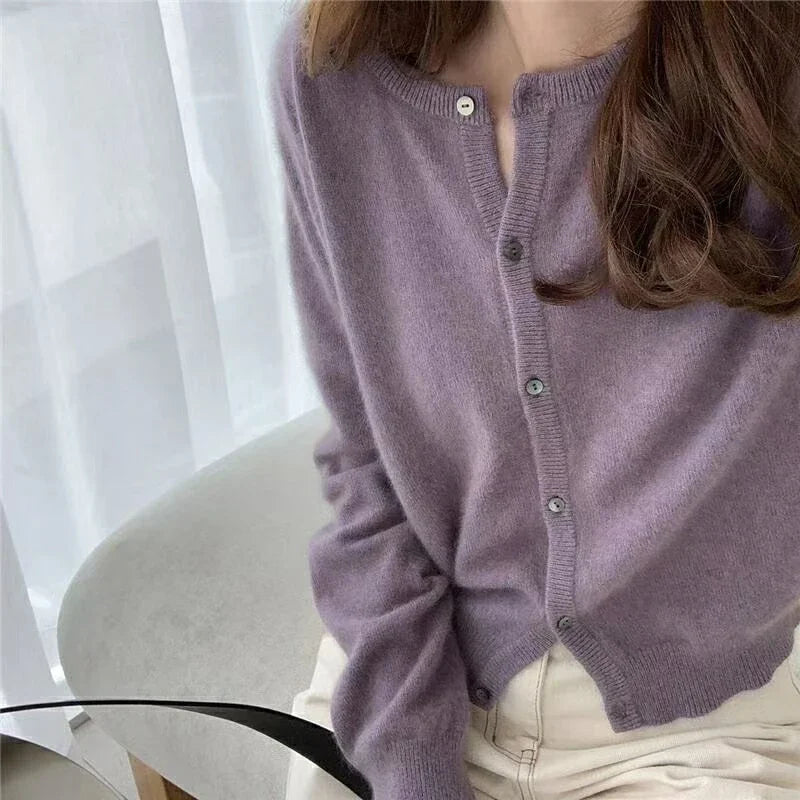 Women’s Cardigan Sweater – Soft Wool Blend – Relaxed Fit – Crew Neck – Button-Up Front