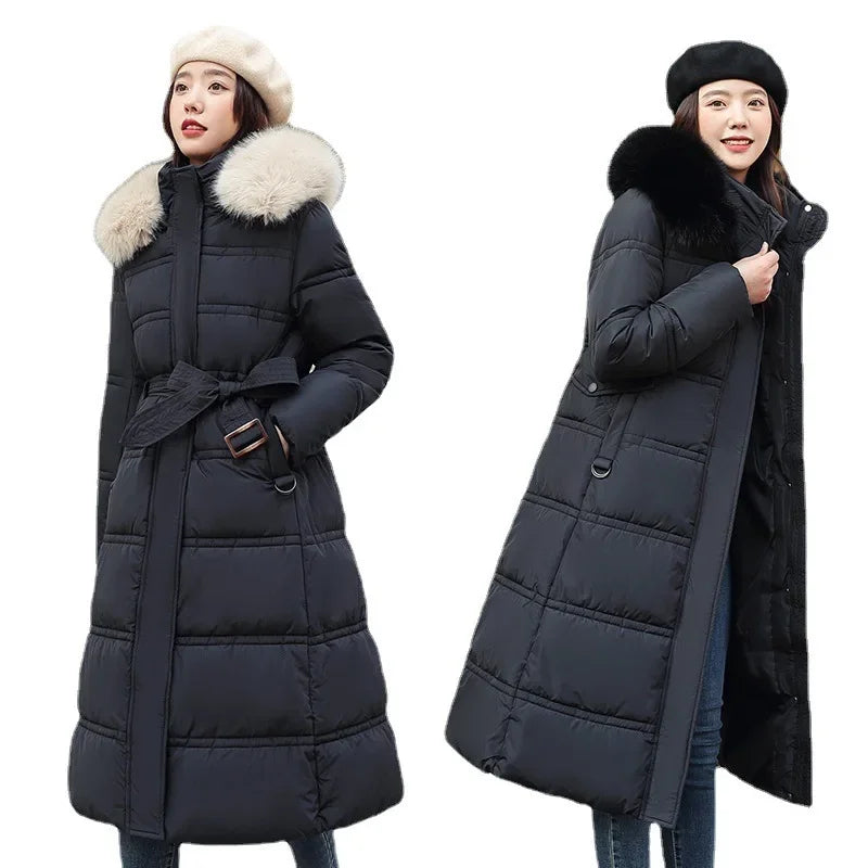 Women's long faux fur collar padded winter jacket