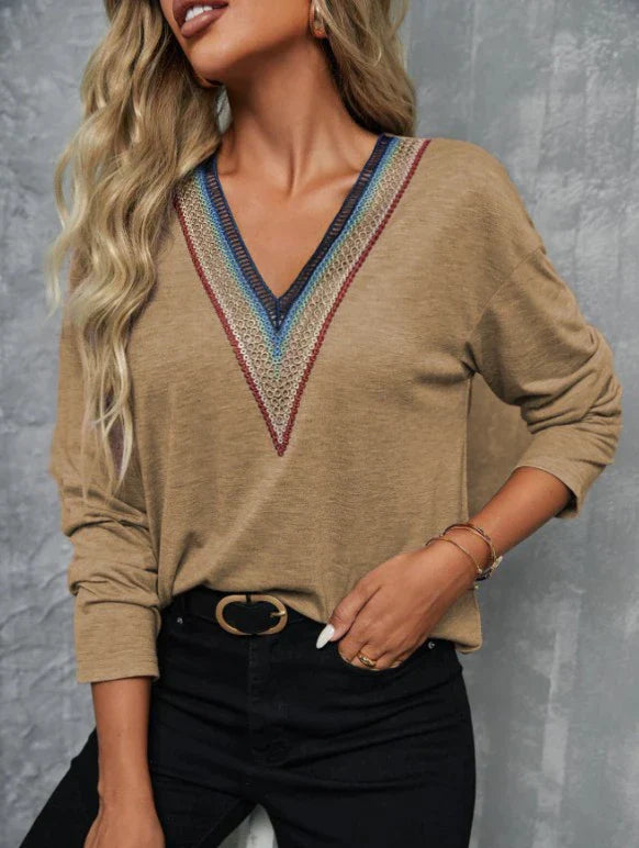 Women's V-Neck Blouse - Embellished Neckline - Long Sleeve Stretchy Casual Fit