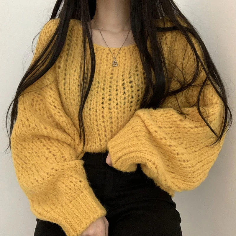 Hollow Out Lantern Sleeve Knitted Pullover Sweater