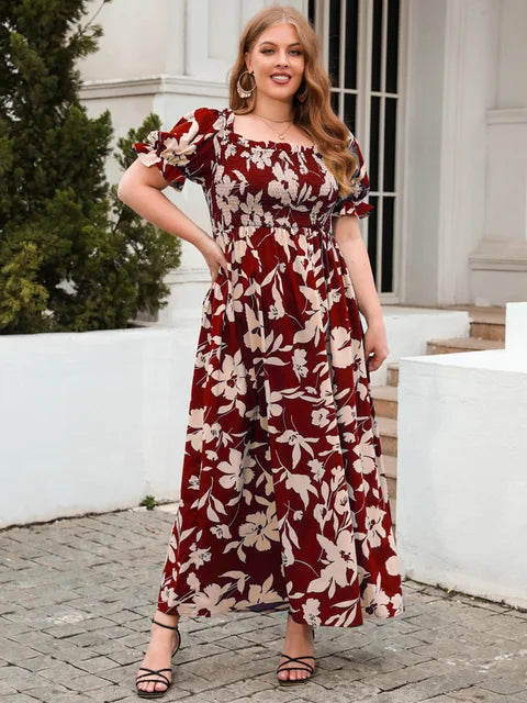 Women's Maxi Dress - Square Neck - Puff Sleeves - Smocked Bodice - Floral Print