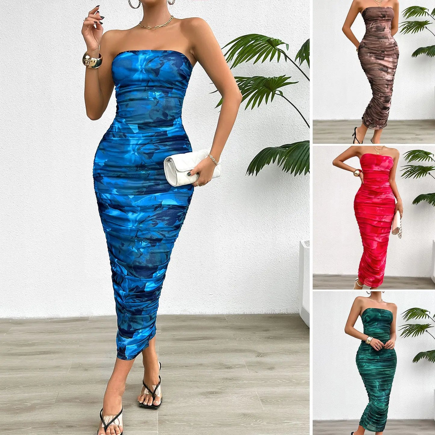 Women’s Strapless Midi Dress – Bodycon Fit – Ruched Stretch Fabric – Formal Wear
