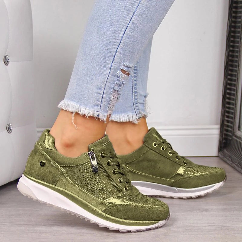 Women's Casual Sneakers - Soft & Textured Panels - Lace-Up with Side Zipper - Cushioned Sole
