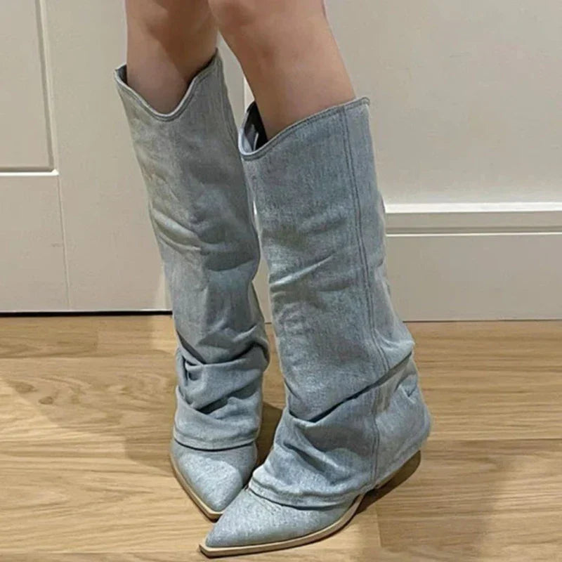 Women's Knee-High Boots - Denim Fabric - Slouchy Shaft - Pointed Toe - Low Heel