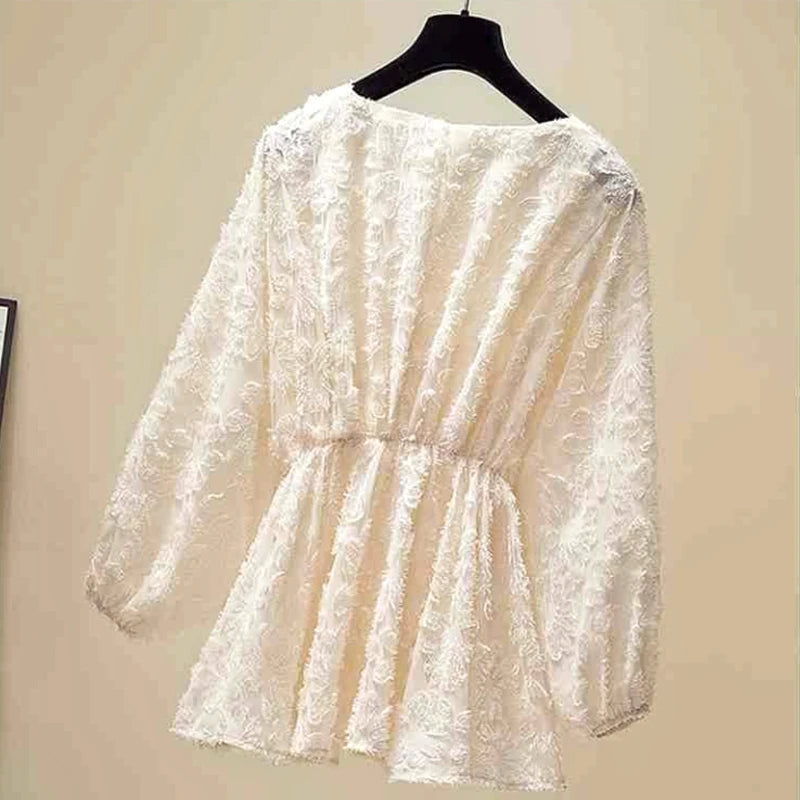 Women's Lace Blouse - V-Neck Peplum - Long Billowy Sleeves - Elegant Floral Pattern