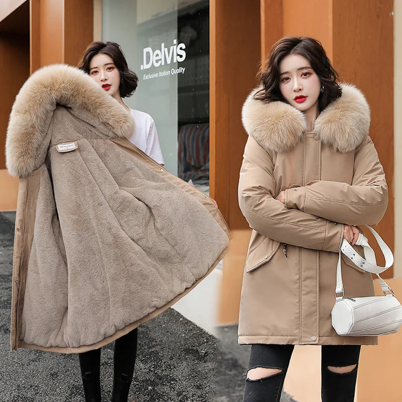 Women's long faux wool-lined parka with fur collar