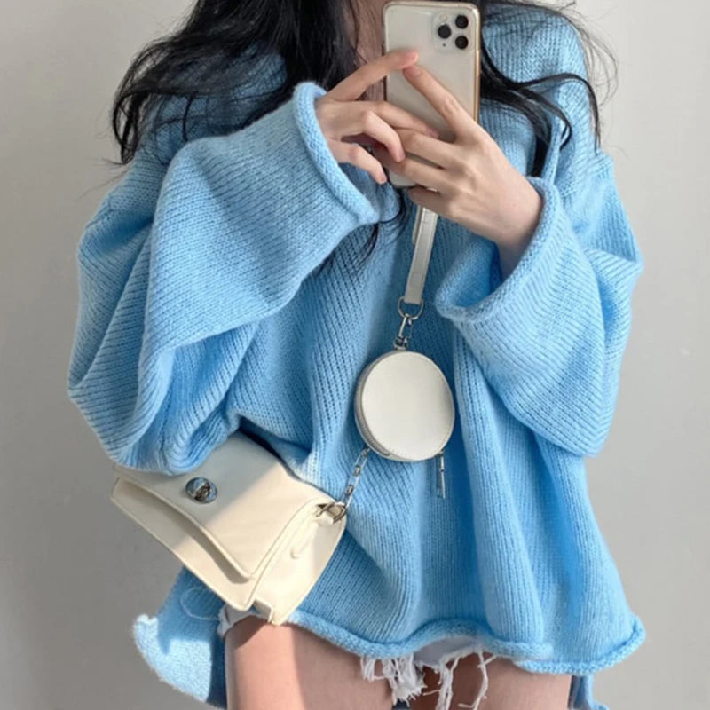 Women's vintage loose v-neck slit rolled edge sweater