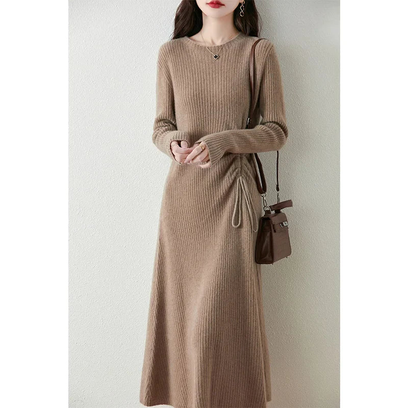 Women's waist slimming pleated long sleeve dress