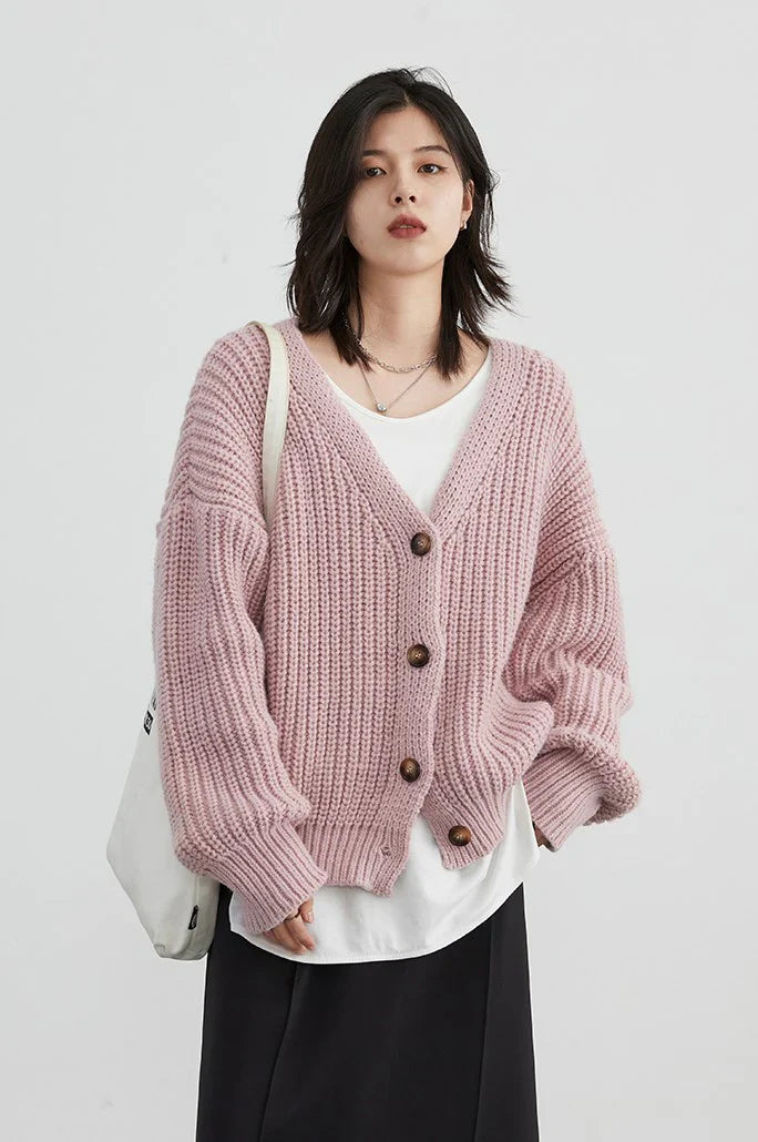 Women’s Knit Cardigan – Chunky Ribbed – Oversized Fit – Button Front – V-Neck
