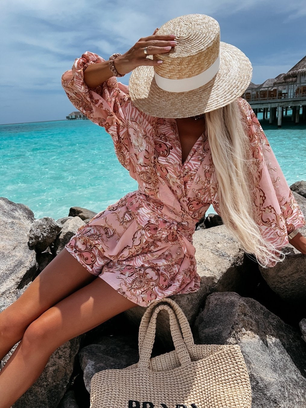 Women's Romper - Wrap V-Neck - Long Wide Sleeves - Lightweight Flowy Casual Wear