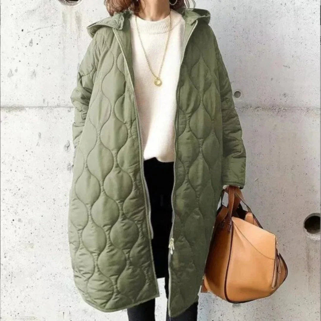 Women’s Quilted Jacket – Oversized Fit – Hooded Long Length – Zip Front Closure