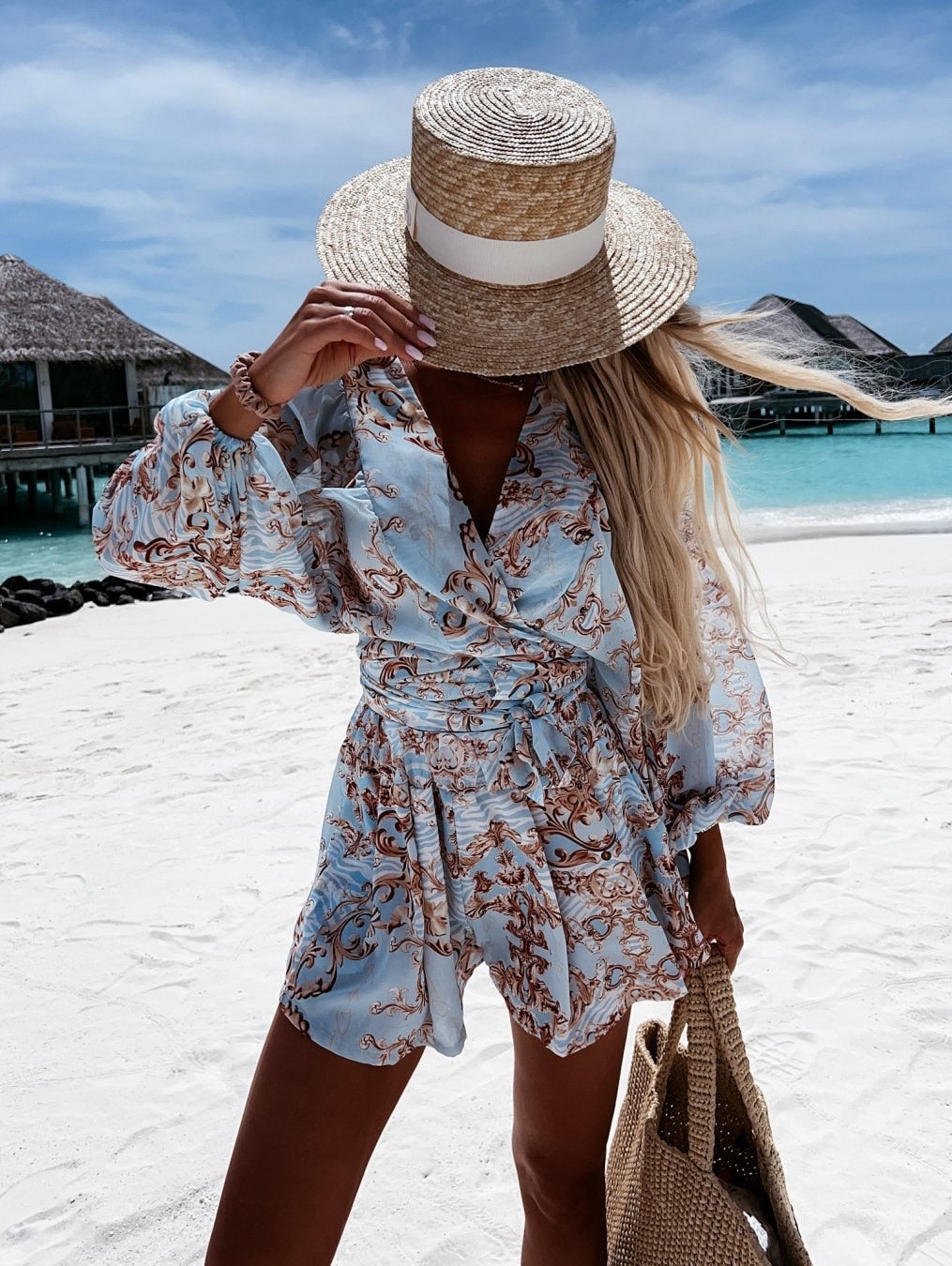 Women's Romper - Wrap V-Neck - Long Wide Sleeves - Lightweight Flowy Casual Wear