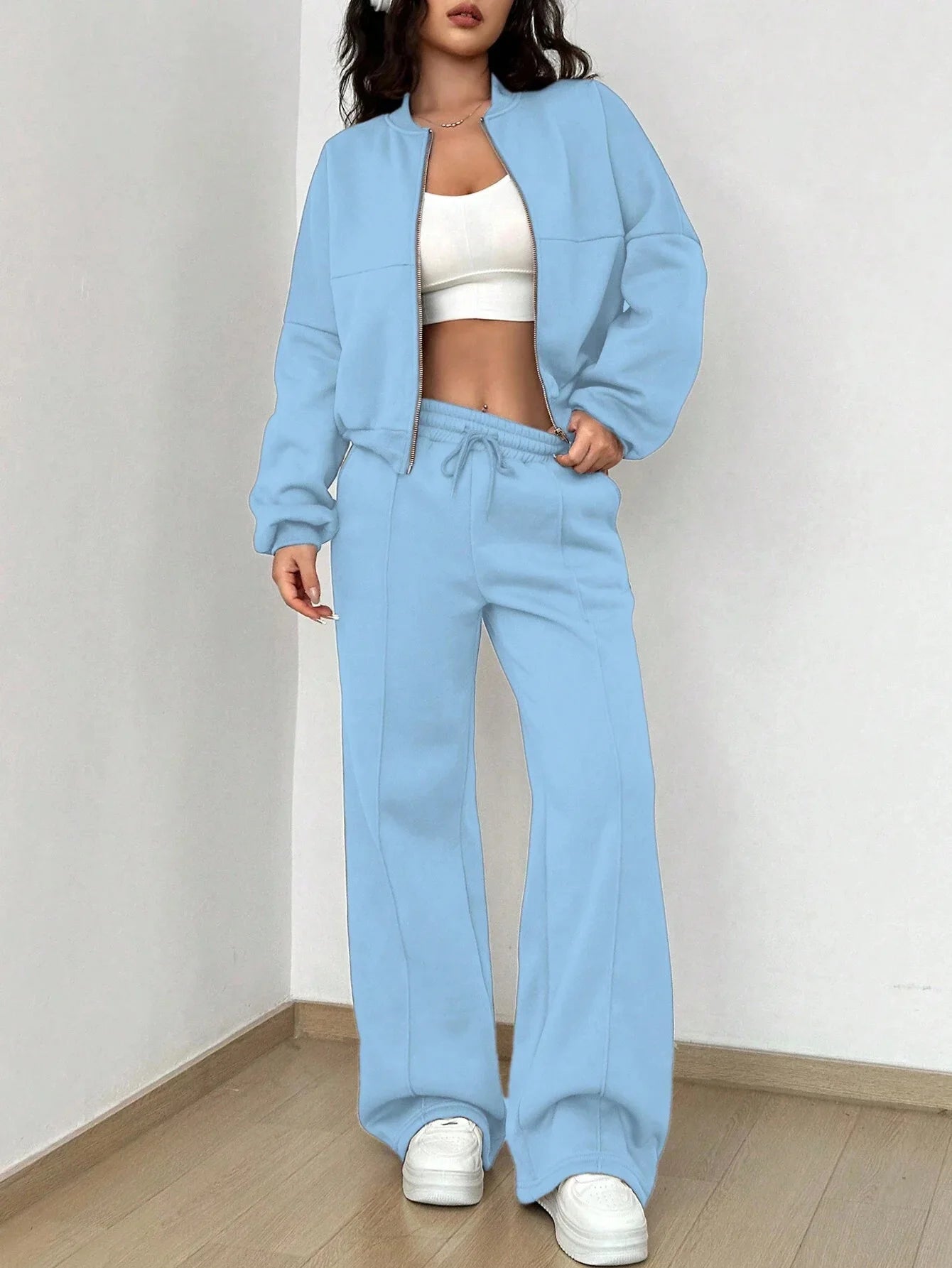 Women's casual zipper bomber jacket and wide leg pants set