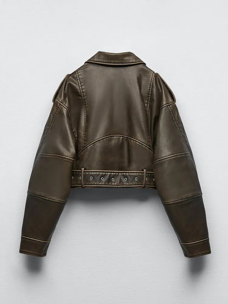 Women's two-tone leather lapel loose coat