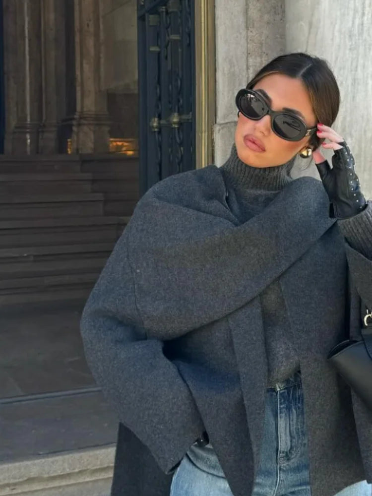 Elegant Asymmetric Solid Color Scarf Coat
