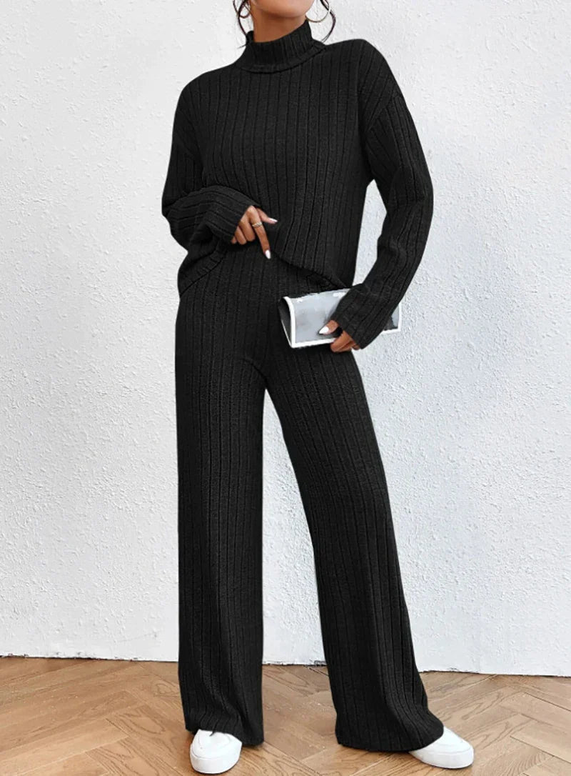Women's solid color high collar long sleeve ribbed two-piece set