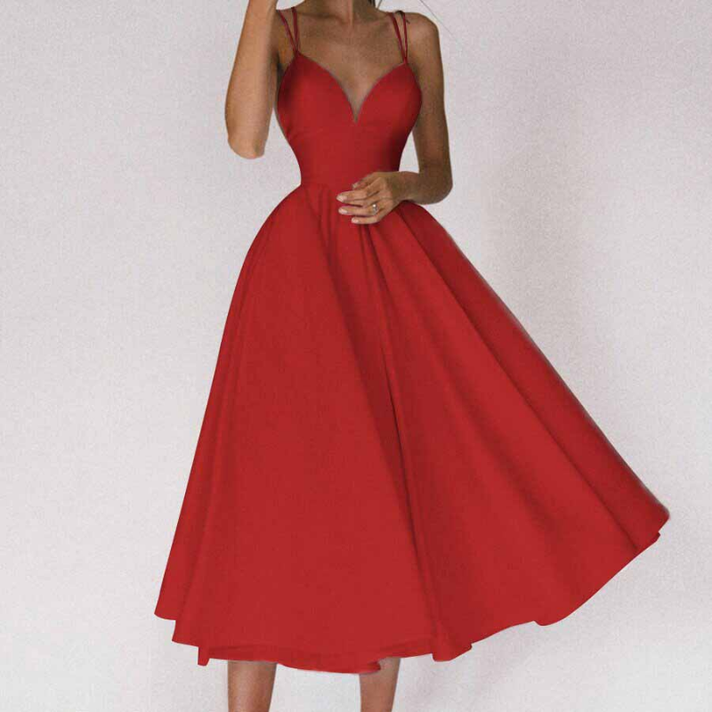 Women's Midi Dress - Fitted Bodice - Deep V-Neck - Adjustable Straps - Flared Skirt