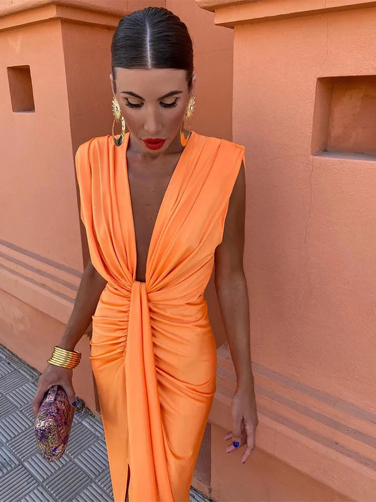 Women's Evening Gown - Deep V-Neck - Sleeveless - Waist Knot - Front Slit Elegant Dress