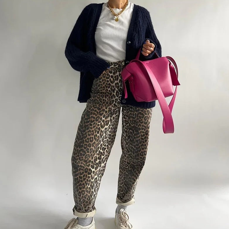 Leopard print wide-leg trousers loose fit straight cut for women