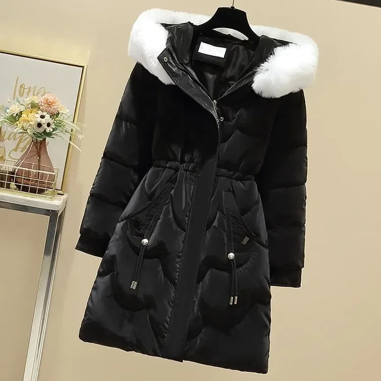 Women's winter midi-length hooded padded jacket with drawstring waist