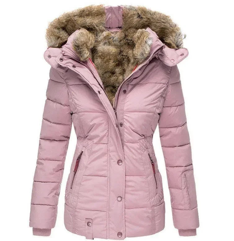 Women's winter hooded coat with zipper and snap buttons