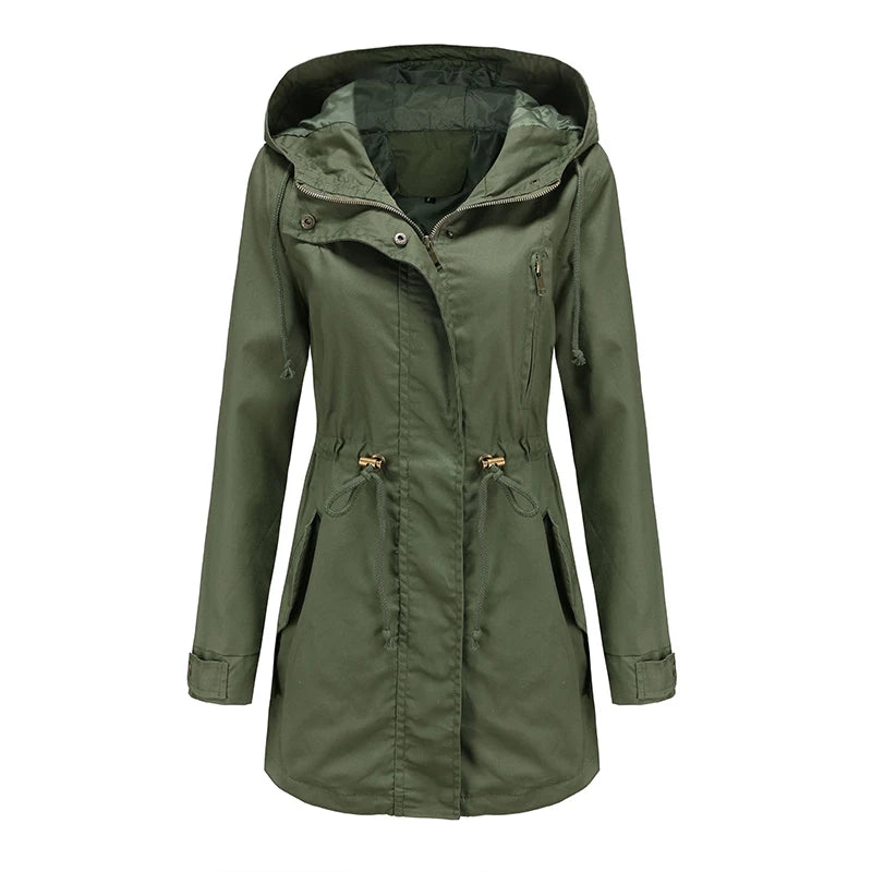 Women's comfortable hooded windbreaker trench coat