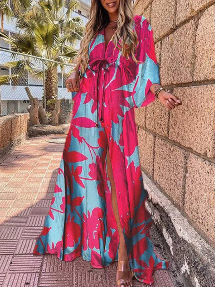 Women’s Maxi Dress – V-Neck Button Down – Abstract Print – Belted Waist – Breathable Blend