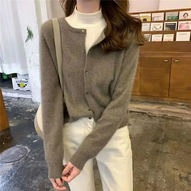 Women’s Cardigan Sweater – Soft Wool Blend – Relaxed Fit – Crew Neck – Button-Up Front