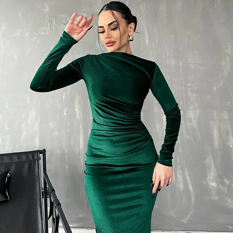 Women's Bodycon Dress - Long Sleeve Stretch Fit - Ruched Detailing Elegant Wear