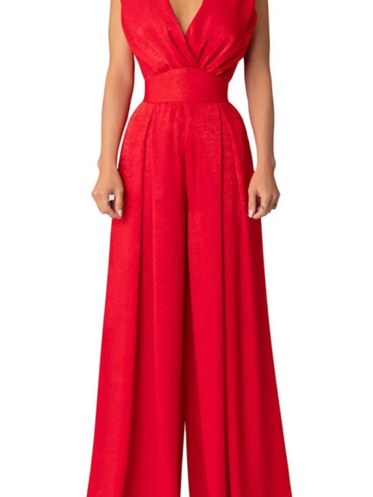 Women's Jumpsuit - Sleeveless V-Neck Wrap - Wide-Leg Elegant Fit - Lightweight Fabric