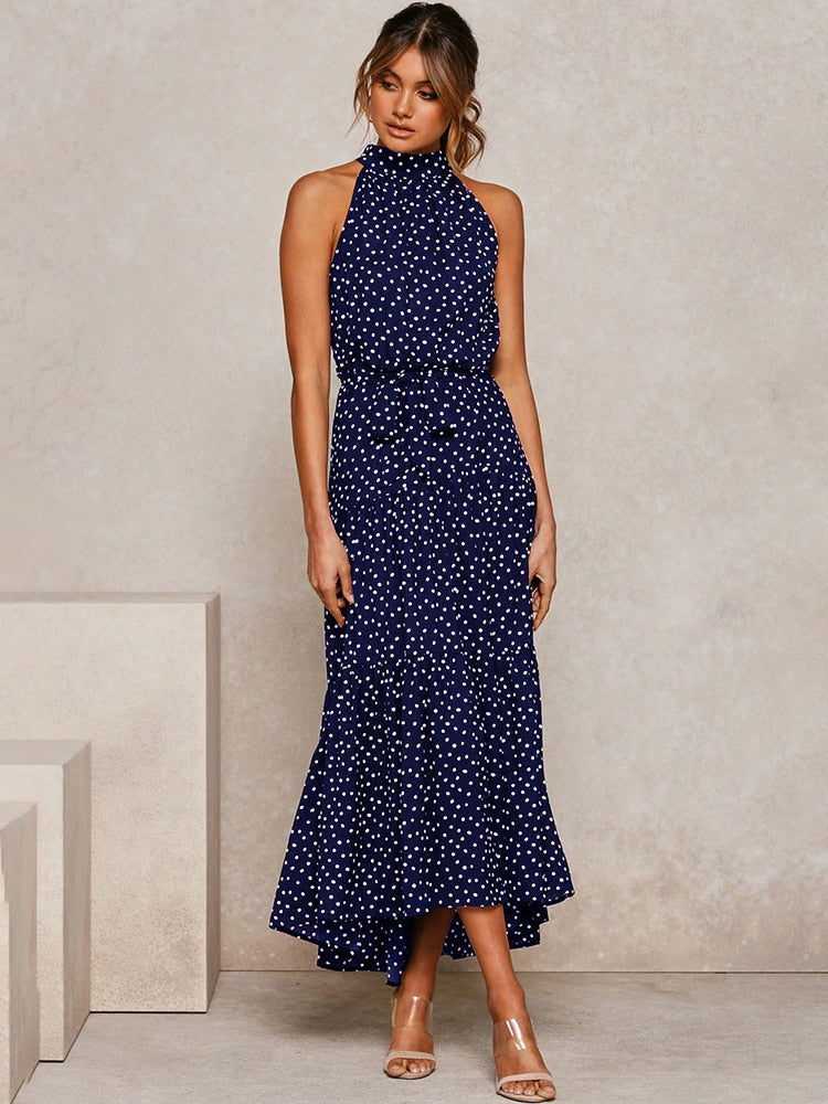 Women's Halter Midi Dress - Polka Dot Print - Tiered Flowy Skirt - Waist Tie