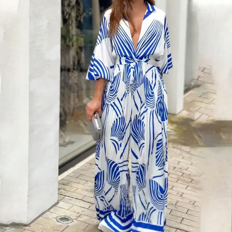 Women's Jumpsuit - Wide Leg - Long Sleeve Button Down - Abstract Print Elegant Fit