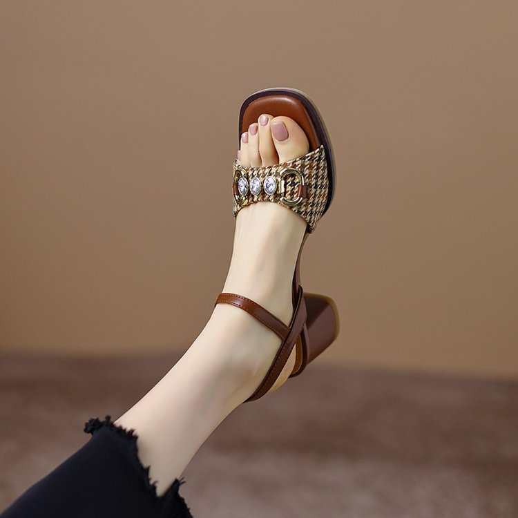 Woven Metallic Accent Block Heel Sandals