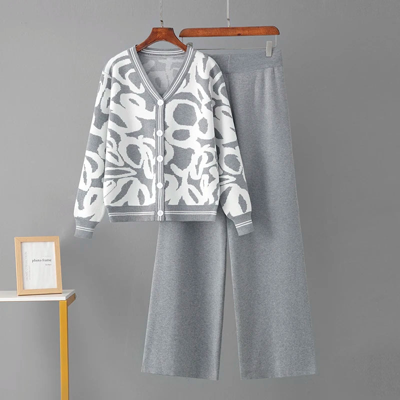 Women's spring/autumn leopard print knitted cardigan wide-leg pants two-piece set