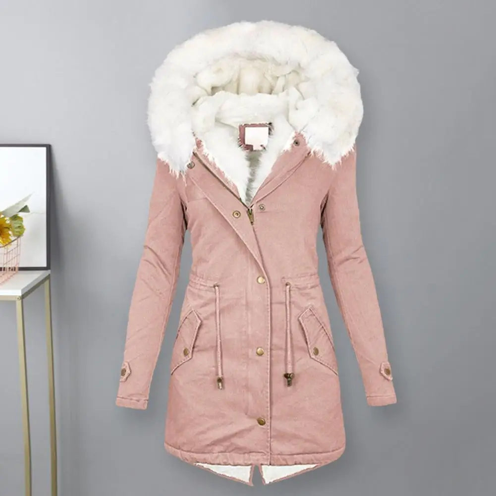 Women's Parka Coat - Long Length - Faux Fur Hood - Warm Padded - Zip Closure