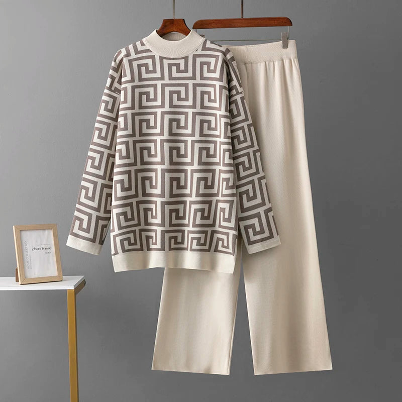 Women's spring/autumn o-neck jacquard sweater and elegant casual loose pants 2 pieces - set