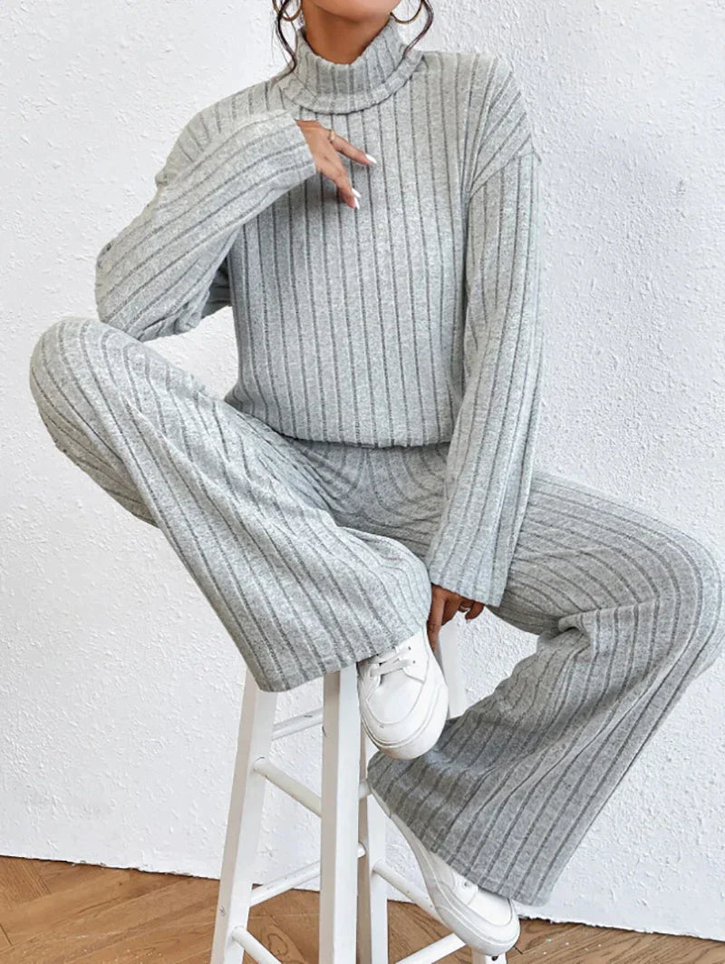 Women's solid color high collar long sleeve ribbed two-piece set