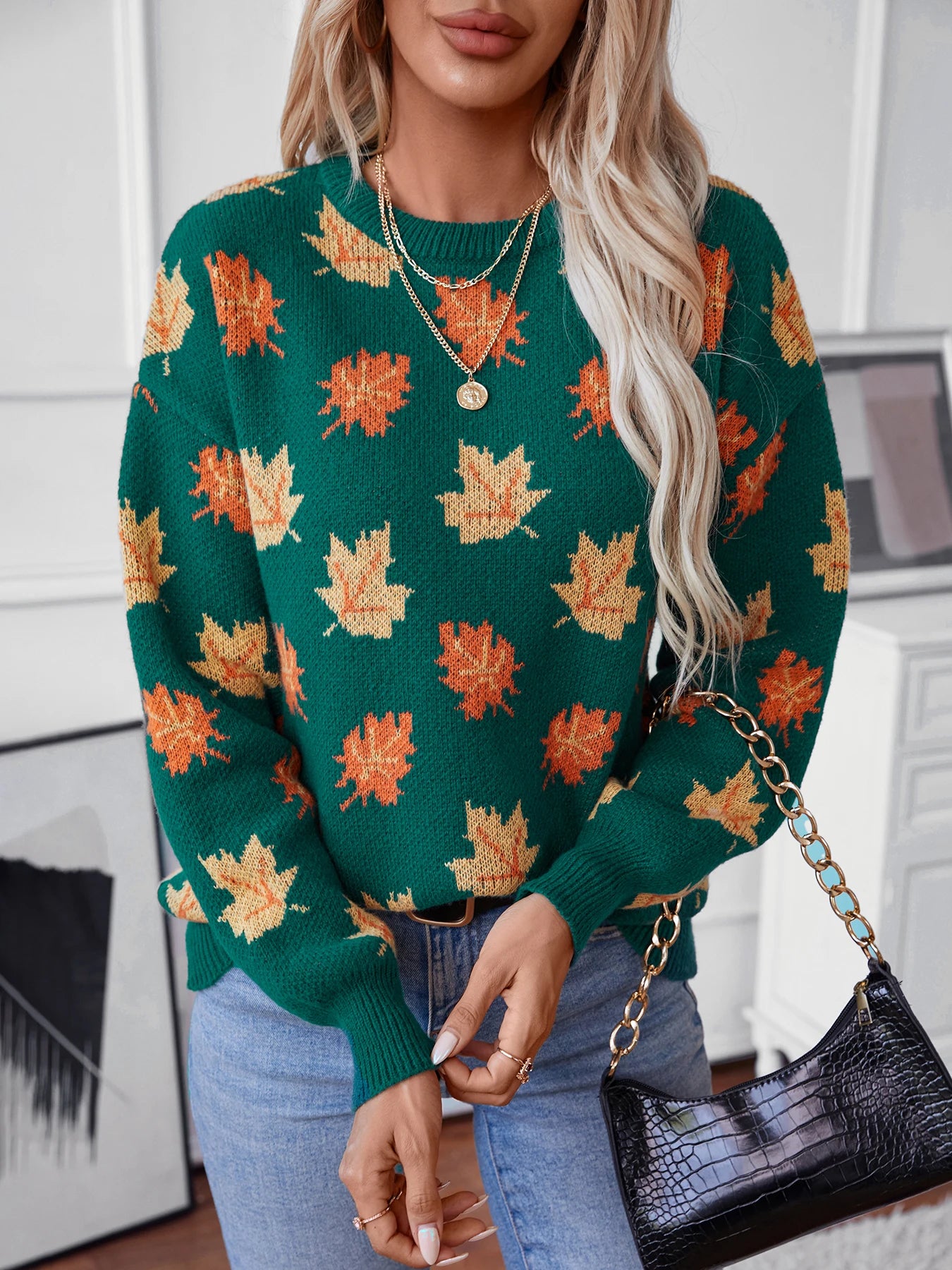 Knitted Maple Leaf Pullover Autumn Winter Sweater