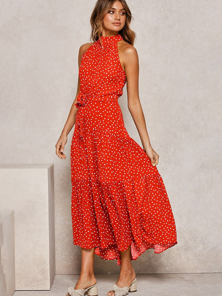 Polka Dot Fit-and-Flare Halter Midi Dress