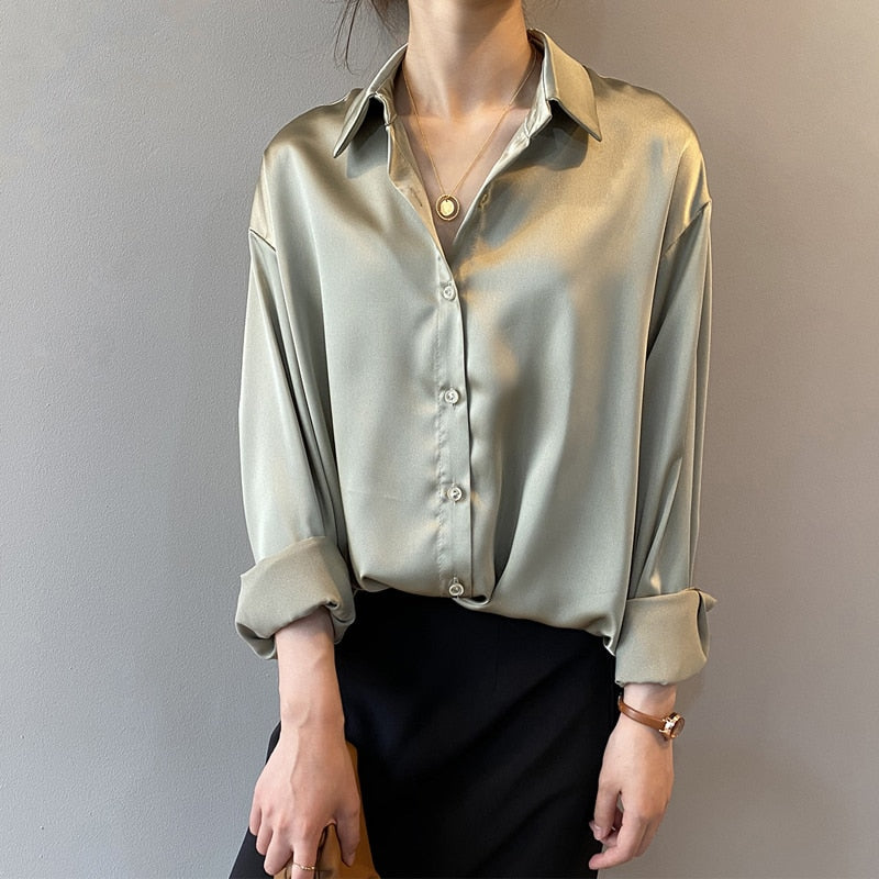 Women's Silk Blouse - Classic Button-Down - Collared Neck - Long Sleeve Relaxed Fit