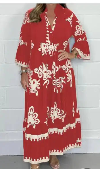 Women's elegant printed stand-up collar waist dress