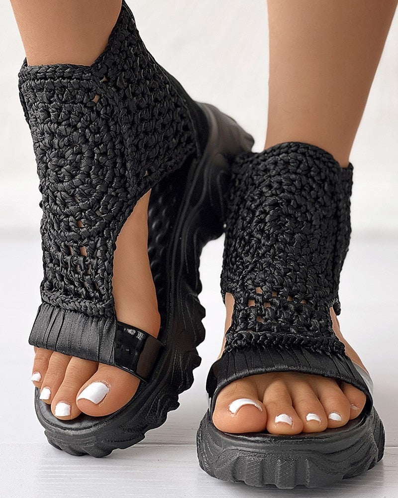 Women's Platform Sandals - Crochet Upper - High Ankle - Cushioned Rubber Sole