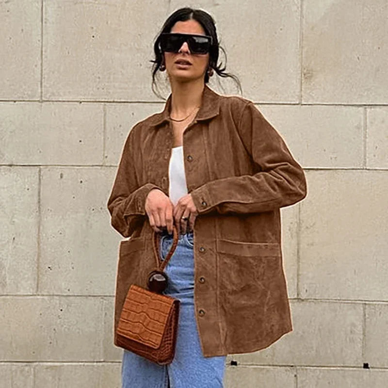 Women’s Oversized Shirt - Button-Up Relaxed Fit - Long Sleeve Suede Leather
