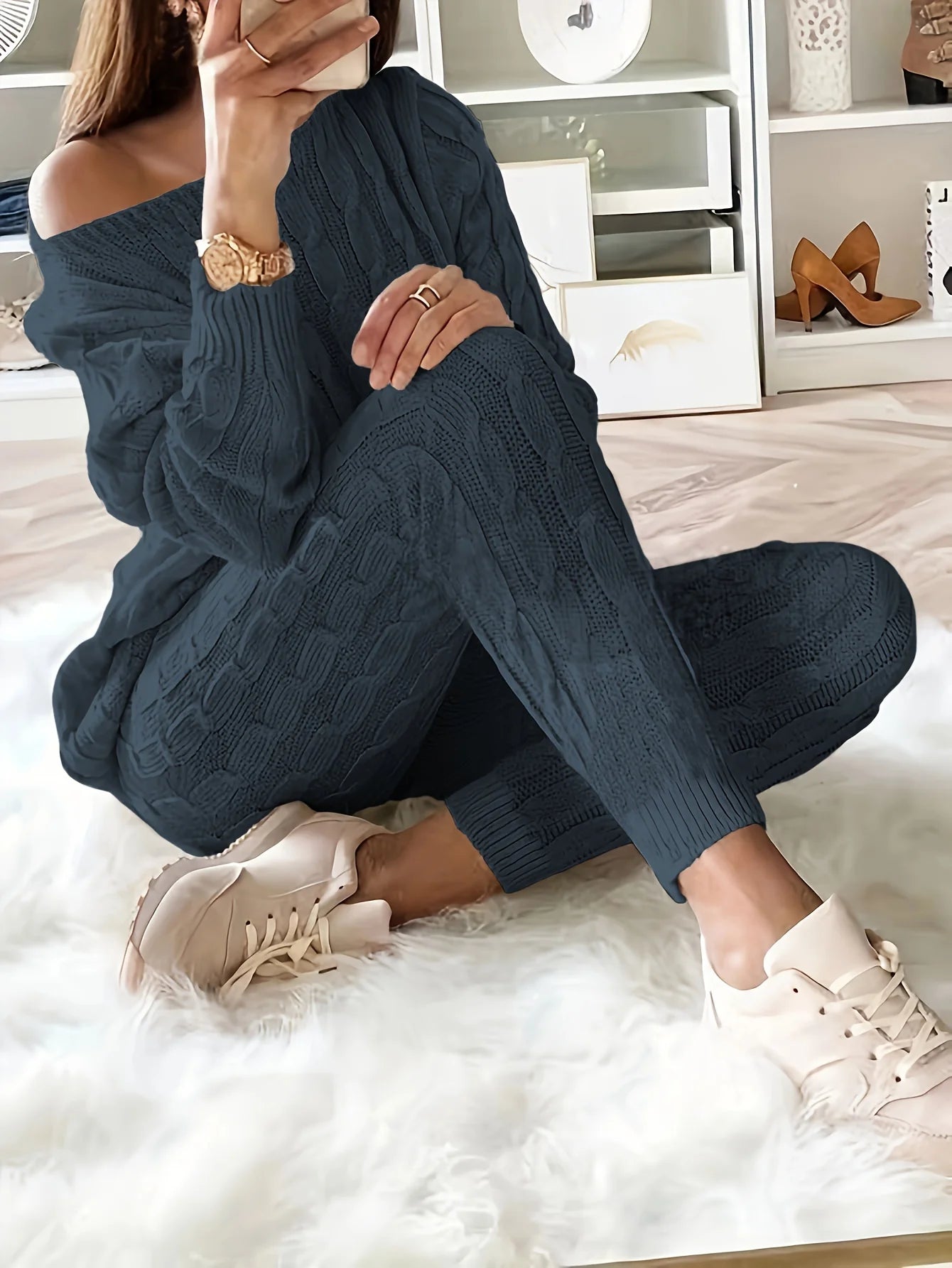 Women's casual knitted sweater and elastic pants set