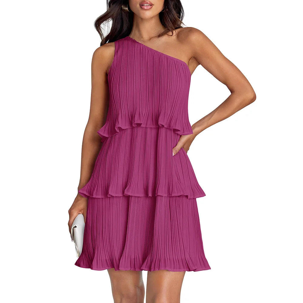 Women’s One-Shoulder Midi Dress – Pleated Chiffon – Tiered Skirt – Flowy Fit