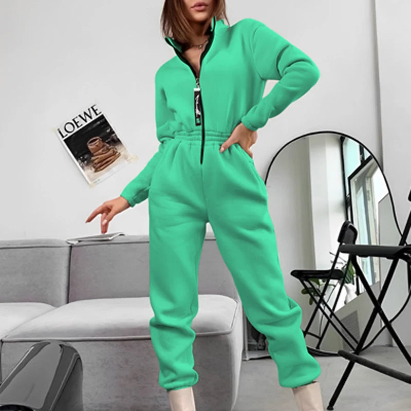 Women's Jumpsuit - Oversized Fit - Hooded with Zipper & Pockets - Elastic Waist
