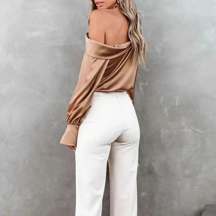 Women's One-Shoulder Blouse - Satin Finish - Long Sleeve Elegant Chic Top