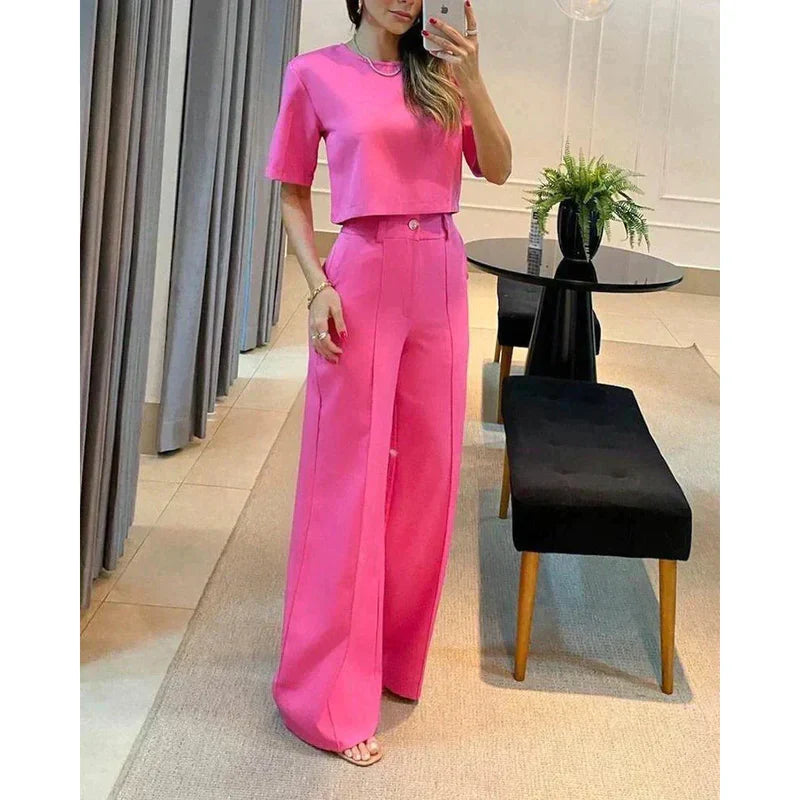 Women's summer short-sleeved cropped top wide leg pants set