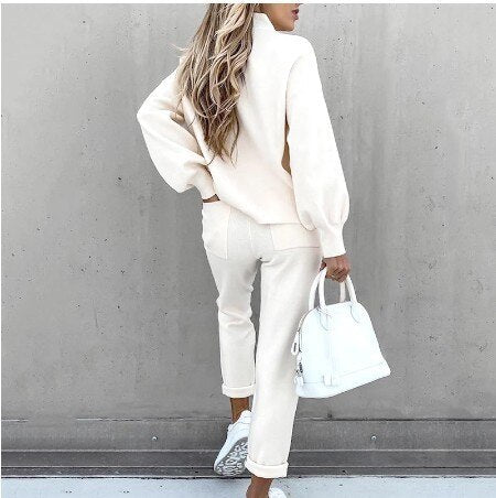 Women’s Loungewear Set - Soft Knit - Relaxed Fit Top & High-Waist Joggers - Balloon Sleeves