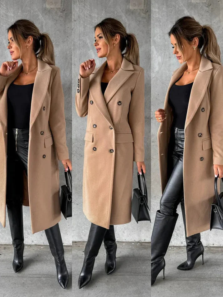 Women's long-sleeve double-breasted wool coat